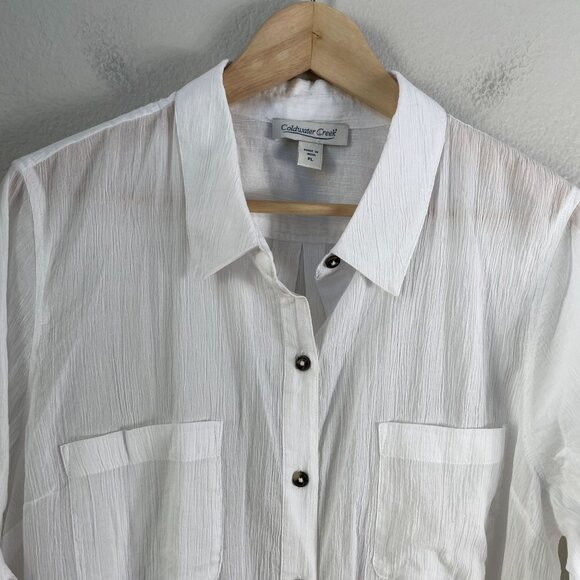 Coldwater Creek Womens Petite Large White Button Up Shirt Roll Tab Sleeve Pocket - Picture 9 of 11